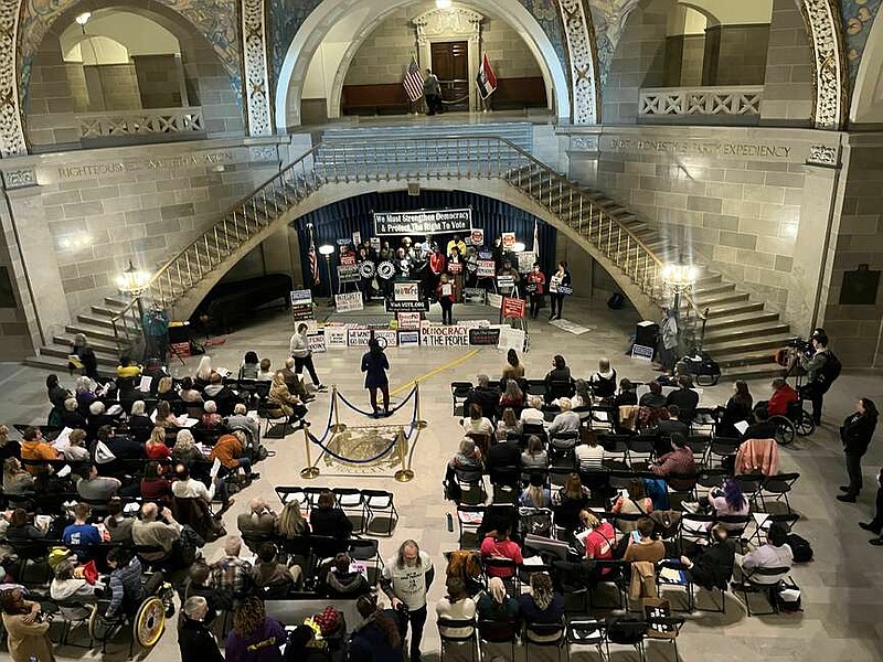 Genevieve Tlustos/News Tribune photo: 
The Missouri Voter Protection Coalition holds a voting rights rally Tuesday, Jan. 30, 2024, in opposition to initiative petition reform. The non-partisan coalition represents organizations from across the state.