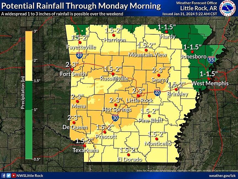 This graphic from the National Weather Service highlights the amount of rainfall parts of Arkansas are forecast to get over the weekend. (National Weather Service/X)
