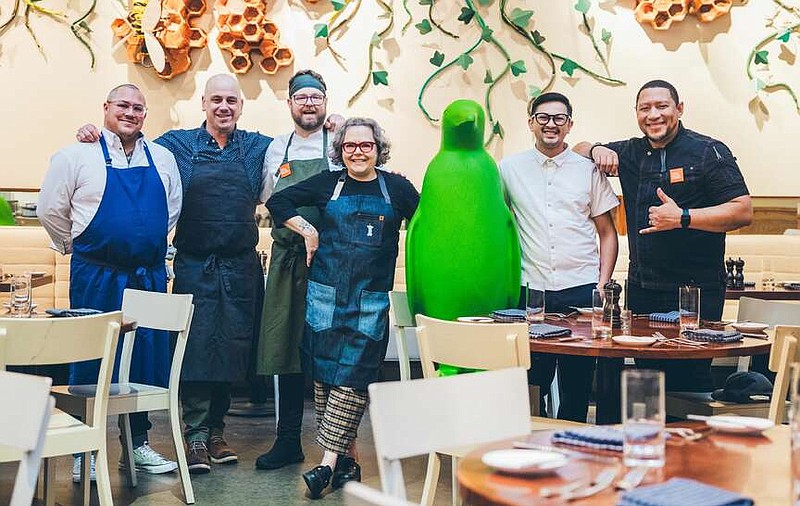 Chefs Arturo Solis (from left), Luke Wetzel, Micah Klasky, Rebecca Masson, Jeff Chanchaleune and Nelson German gather for a photo before the No Kid Hungry guest chef benefit dinner Jan. 27 at The Hive in Bentonville.

(Photo by Ironside Photography/Stephen Ironside)