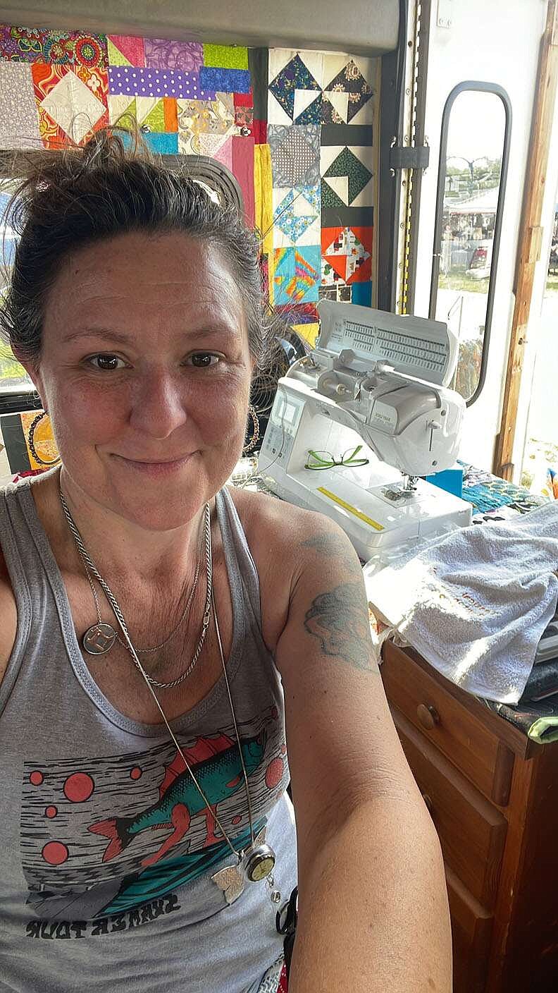 La Dawnya Faulkner takes a selfie between business classes at NWACC and leading free sewing classes in her mobile Lost Ozark Dawn workshop.
(Courtesy Photo/La Dawnya Faulkner)