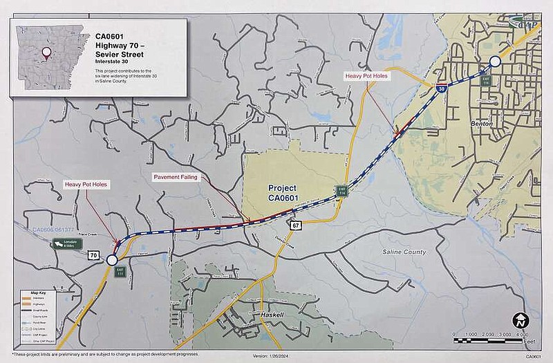 A map showing the segment of Interstate 30 where potholes and failing pavement are located in a 6-mile stretch of the highway that is being widened into six lanes was distributed to attendees at a meeting at Oaklawn Racing Casino Resort Event Center Thursday morning, Feb. 1. (Submitted photo)