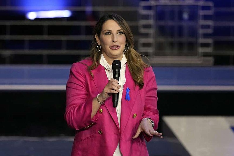 FILE - Republican National Committee Chair Ronna McDaniel speaks before a Republican presidential primary debate hosted by NBC News, Nov. 8, 2023, at the Adrienne Arsht Center for the Performing Arts of Miami-Dade County in Miami. Facing a cash crunch and harsh criticism from a faction of far-right conservatives, McDaniel, on Friday, Feb. 2, 2024, called for the party to unite behind the goal of defeating President Joe Biden. (AP Photo/Rebecca Blackwell, File)