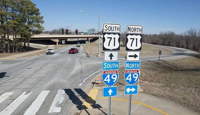 The Stephen Carr Boulevard/I-49 intersection in Fayetteville is seen Friday Feb. 3, 2024. The city has five transportation projects for which it is seeking more than $4 million in federal grant money. Visit nwaonline.com/photo for today's photo gallery. (NWA Democrat-Gazette/J.T. Wampler)