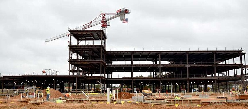 The metal frame for the new Wadley Regional Medical Center is seen Thursday, Oct. 26, 2023, in northwest Texarkana, just off Interstate 30 at the corner of University Avenue and West Park Boulevard. Construction on the $227 million facility, which will replace the current hospital on Pine Street was stopped Thursday, Feb. 1, 2024. (Staff photo by Stevon Gamble)
