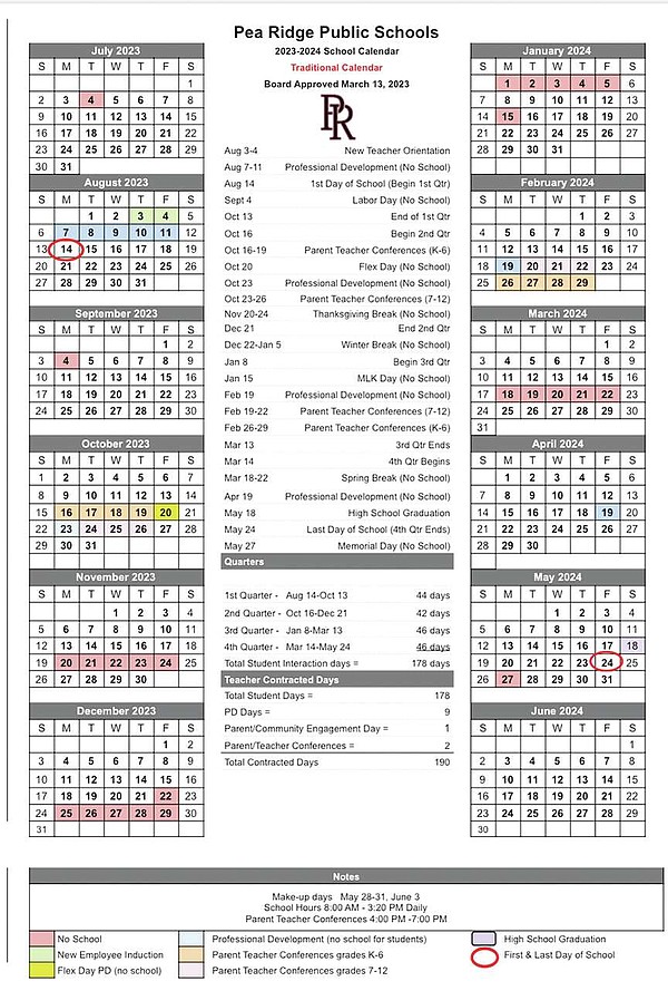 Pea Ridge School District calendar 20232024 Pea Ridge Times