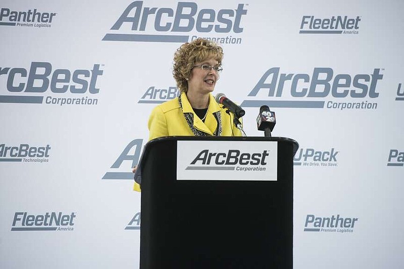 Judy McReynolds, chief executive officer of Fort Smith-based ArcBest Corp., gives a few remarks at a press conference at the Fort Smith Convention Center in this May 30, 2014 file photo. (NWA Democrat-Gazette/Anthony Reyes)