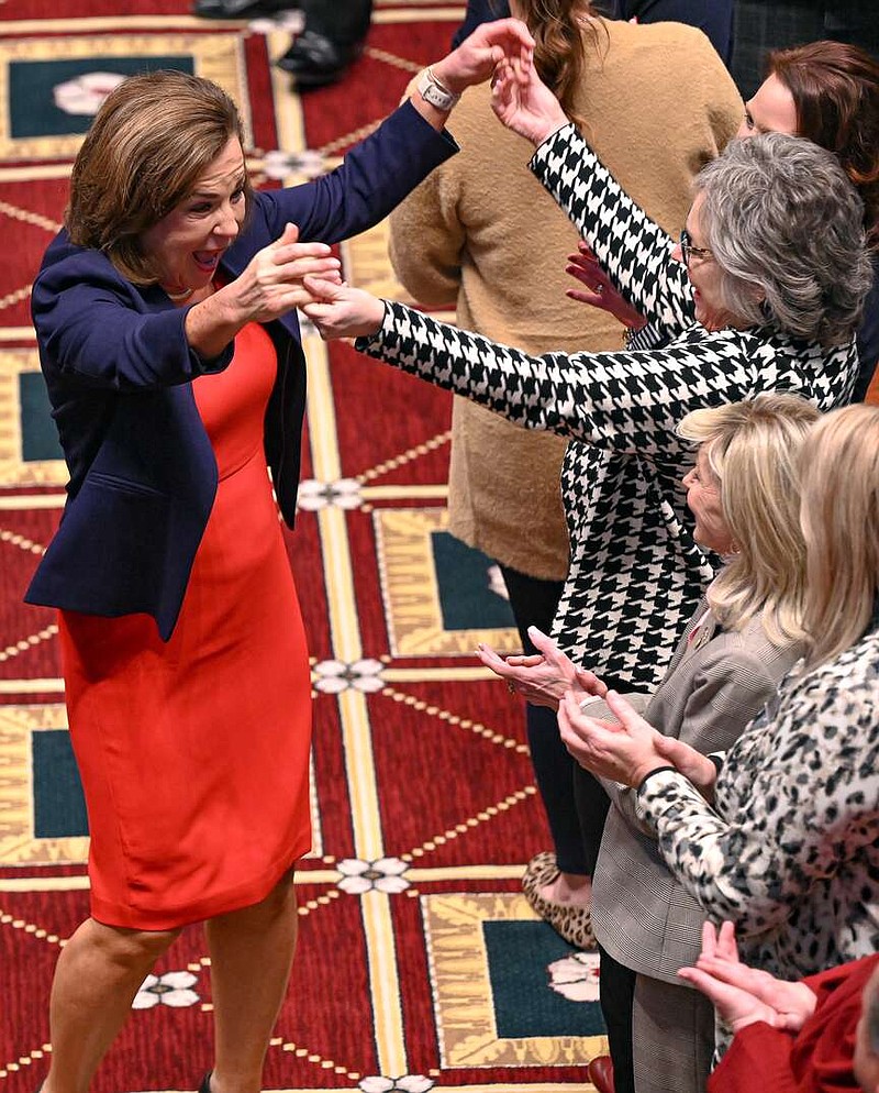 Julie Smith/News Tribune photo: 
Missouri Chief Justice Mary R. Russell, left, is greeted by state legislators as she enters the House chamber Wednesday, Feb. 7, 2024, prior to delivering the annual State of the Judiciary speech.