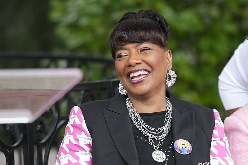 The Rev. Bernice King, daughter of the Rev. Martin Luther King Jr. and Coretta Scott King, laughs during the dedication of the Coretta Scott King Peace and Meditation Garden and monument on Thursday, April 27, 2023, in Atlanta. (AP Photo/Brynn Anderson)
