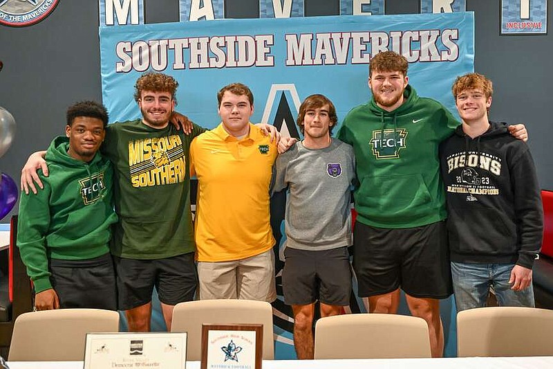 Amari Tucker, John Parkinson, Andrew Reeder, Isaac Gregory, Cooper Anderson, and Carter Zimmerman (left to right) are seen on Wednesday, Feb. 7, 2024, at Fort Smith Southside High School. Student-Athletes from Southside signed with colleges to continue their athletic careers. Visit rivervalleydemocratgazette.com/photo for today's photo gallery. (River Valley Democrat Gazette/Caleb Grieger)