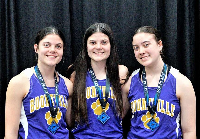 Booneville triplets (from left) Vanessa, Christina and Tiffany O'Neal and Abi Schlup (not pictured) won first place in the Class 3A 4x800-meter run at the State Indoor Meet in Fayetteville on Feb. 3. 
(Special to River Valley Democrat-Gazette/Leland Barclay)