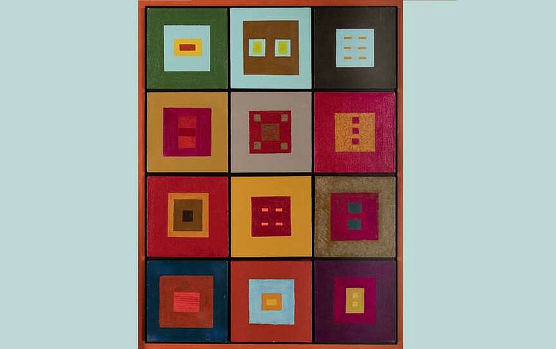 Lloyd Henri “Kiva” New, Cherokee, "Untitled (Squares)," 1968 acrylic on canvas and wood is part of the "Action/Abstraction Redefined: Modern Native Art, 1940s to 1970s" at the Arkansas Museum of Fine Arts. 
(On loan from the IAIA Museum of Contemporary Native Arts Collection: Honors Collection)