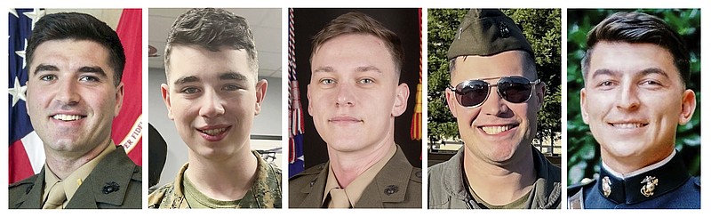 This combo of images provided by the Marine Corps shows, from left, Capt. Jack Casey, 26, of Dover, N.H., Lance Cpl. Donovan Davis, 21, of Olathe, Kan., Sgt. Alec Langen, 23, of Chandler, Ariz., Capt. Benjamin Moulton, 27, of Emmett, Idaho, and Capt. Miguel Nava, 28, of Traverse City, Mich. The the five Marines were killed when their CH-53E Super Stallion helicopter went down in the mountains outside San Diego during a historic storm Tuesday night, Feb. 6, 2024. (Marine Corps via AP)