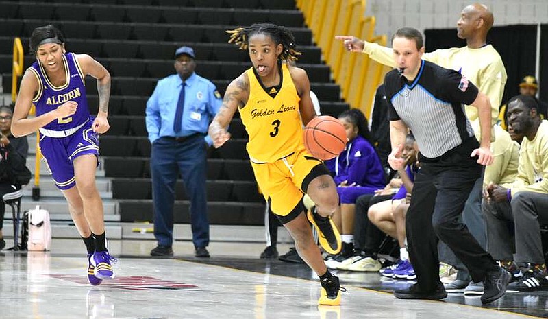 Demetria Shephard of UAPB pushes the ball in transition against Nakia Cheatham in the third quarter Saturday, Feb. 10, 2024, at H.O. Clemmons Arena. (Pine Bluff Commercial/I.C. Murrell)