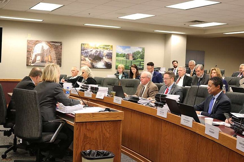 Anna Campbell/News Tribune photo: 
A joint session of the full Missouri House Budget Committee and the Education Subcommittee meets to hear budget requests from the state Department of Elementary and Secondary Education, represented by Deputy Commissioner Kari Monsees, seated, left, and Commissioner Margie Vandeven, seated next to him.