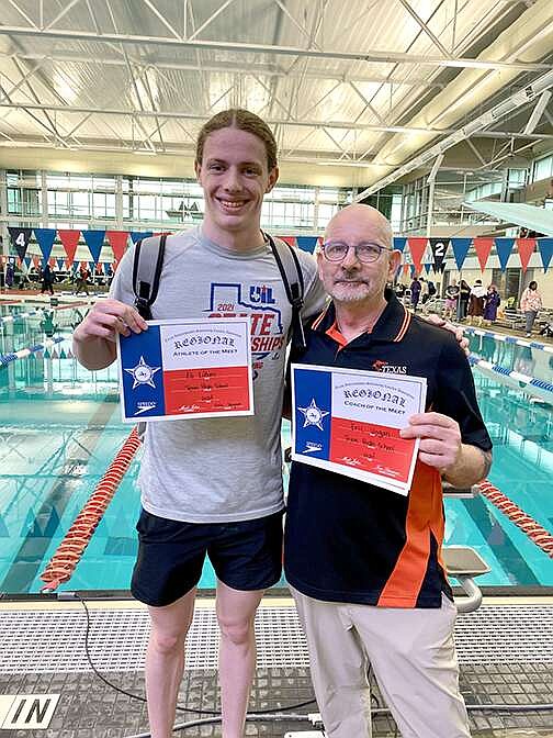 Texas High TigerSharks senior Eli Likins won two events to earn boys swimmer of the meet honors, and his coach Eric Vogan, was named boys regional coach of the meet on Saturday at New Caney, Texas. (Photo by Susan Likins, Texas High assistant coach)