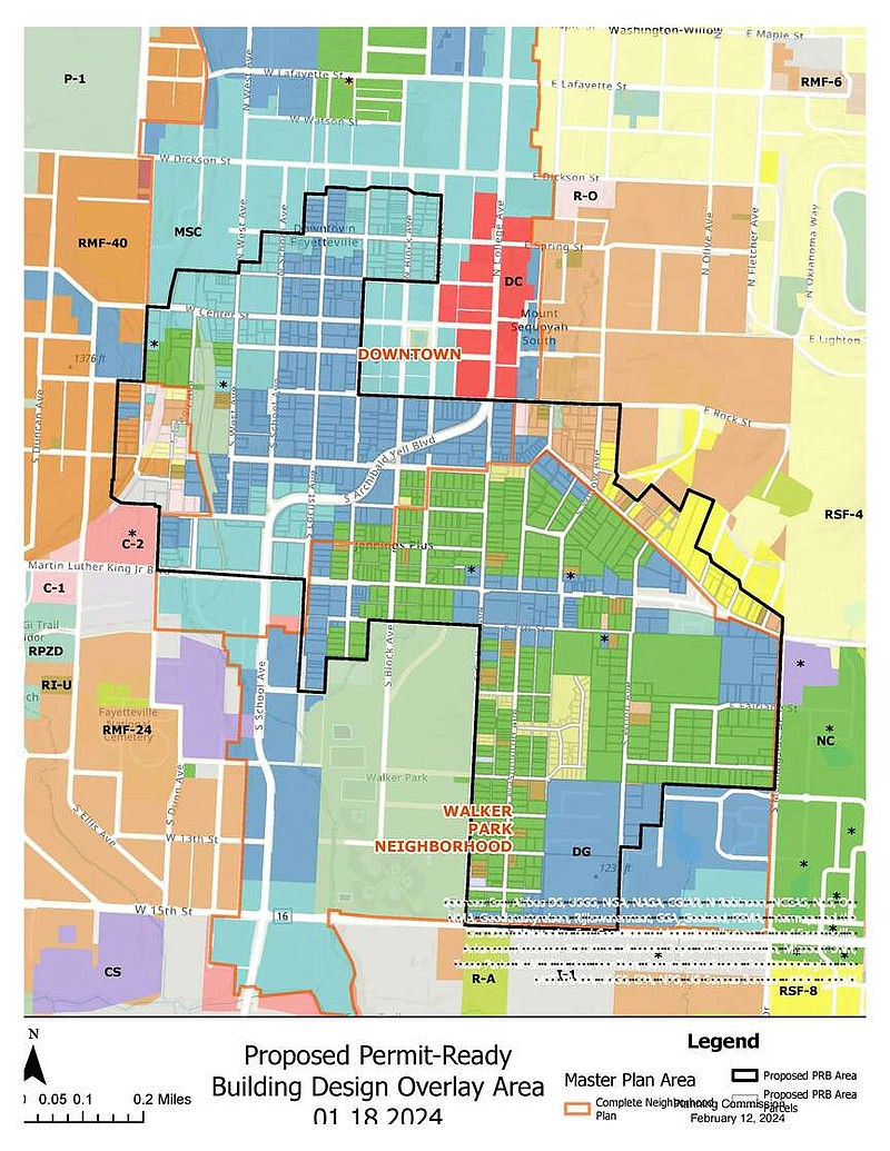 A map shows the proposed boundary property owners would be able to use permit-ready residential building designs in Fayetteville. The City Council will make the final decision on the program. (Courtesy/Fayetteville)