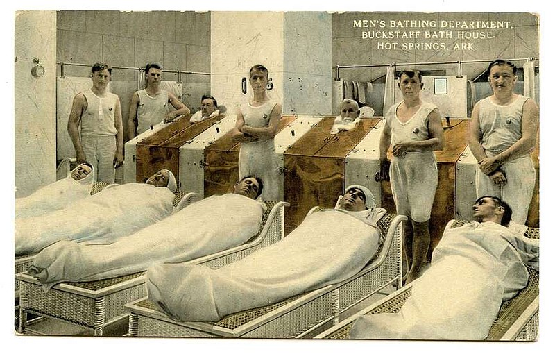 Hot Springs, 1913: “I sure am improving fast and at this rate I soon will be cured, hoping that I can pick corn this fall,” reads a card sent to Iowa. The Men's section of the Buckstaff Bath House's steam room is seen here, described by its owners as “designed to delight the eye and inspire the mind with lofty feeling and fill the heart of the yearning invalid with rich hopes of health and restored vitality.”

Send questions or comments to Arkansas Postcard Past, P.O. Box 2221, Little Rock, AR 72203