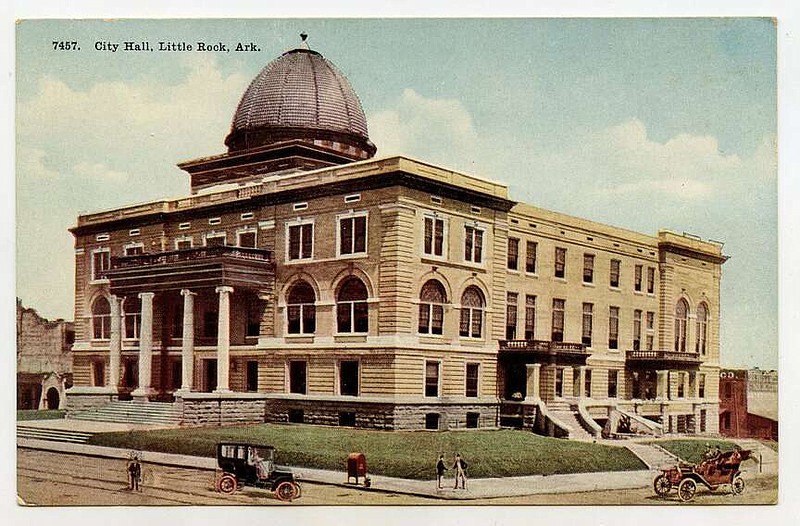 Little Rock, circa 1915: City Hall at Markham and Broadway was completed in 1908 at a cost of about $150,000 and was designed by noted architects Charles Thompson and Thomas Harding. The dome was removed in the 1950s by vote of the people rather than spend money to repair it. At left is the City Auditorium; more on that over the next couple of days.

Arkansas Postcard Past, P.O. Box 2221, Little Rock, AR 72203