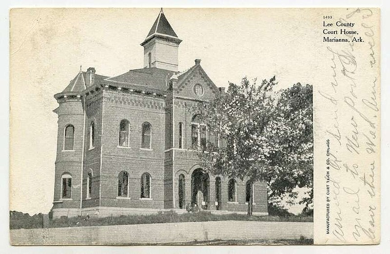 Marianna, 1907: The city is the county seat of Lee County, named for the Confederate General. The court house was built in 1889 and has an unusual history. In 1939, a limestone and brick building was erected across the front of the 1889 building. In 1965, the 1889 portion of the building was demolished and an annex was built on the back of the remaining 1939 construction.

Send questions or comments to Arkansas Postcard Past, P.O. Box 2221, Little Rock, AR 72203