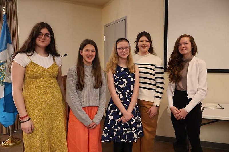 Marion Chapter National Society of Daughters of the American Revolution has announced the following students as winners of the NSDAR American History Essay Contest: 1st place, Anna Spears, 6th grade, McNail Middle School; 3rd place, Piper Pianlto, 8th grade, Don Tyson School of Innovation; 2nd place, Abigail Barlow, 8th grade, Don Tyson School of Innovation; and 1st place, Lila Johnson, 8th grade, Don Tyson School of Innovation. The 2023-24 Essay Title for 9, 10, 11 and 12th graders was Patriots of the American Revolution. In first place was Olivia Thompson, Senior at Prairie Grove High School and runner up was Savannah Johnson, 10th grade, Ozark Catholic Academy. They were recognized on Saturday, Feb. 10, in an Awards Celebration at Shiloh Museum of Ozark History. Pictured are Johnson (from left), Spears, Barlow, Johnson and Pianlto.

(Submitted Photo)