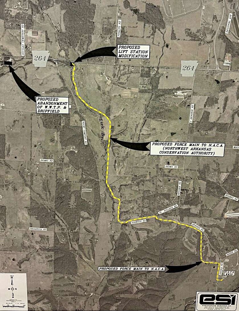 The above drawing by Engineering Services Incorporated shows a proposed sewer line route from Highfill's existing treatment facility to Northwest Arkansas Conservation Authority. The route was presented at an open hearing on Feb. 13 and taken up in the February council meeting later that evening.