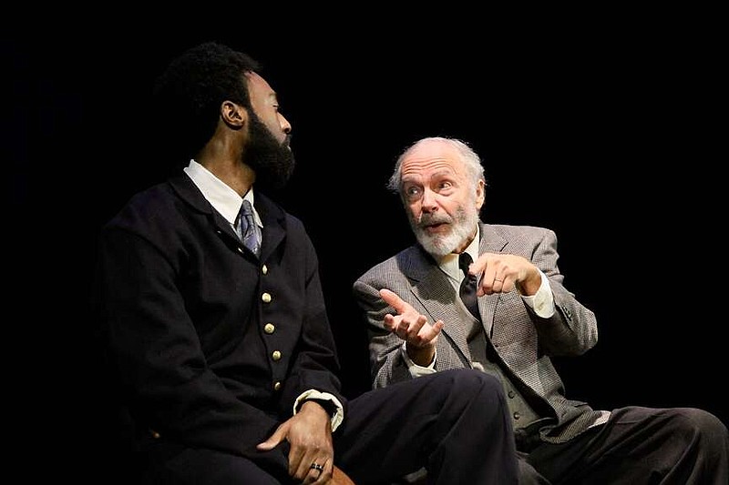 Alexa Pfeiffer/News Tribune photo: Actors Evann De-Bose (left) and Dick Dalton portray Cornelious Rogers and Judge Arnold Krekel in the play Two Worlds: One America by Cecilia Nadal at The Shared History of German and African Americans in Missouri event at Lincoln University's Pawley Theater Saturday, Feb. 17, 2024. Judge Arnold Krekel was a German Immigrant and abolishionist who was a teacher at Lincoln after the civil war. Rogers was a member of Union army and attended Lincoln classes taught by Krekel.