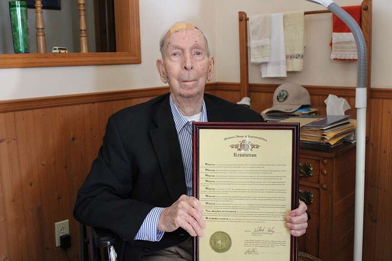 Democrat photo/Kaden Quinn 
Jack Bowlin celebrates his 95th birthday with a resolution from the state that honors his years of service to California, Moniteau County and Missouri.