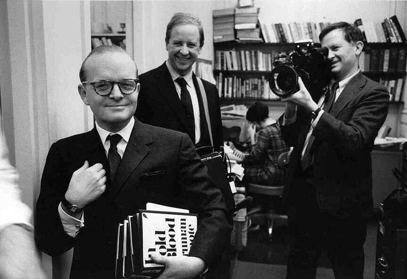 The real Truman Capote with the real documentarians David and Albert Mayles, in an outtake from the Mayles' 1966 documentary “A Visit With Truman Capote” In the FX series, “FEUD: Capote Vs. The Swans,” the Mayles make a fictional film about Capote's famouys “Black and White Ball.”
