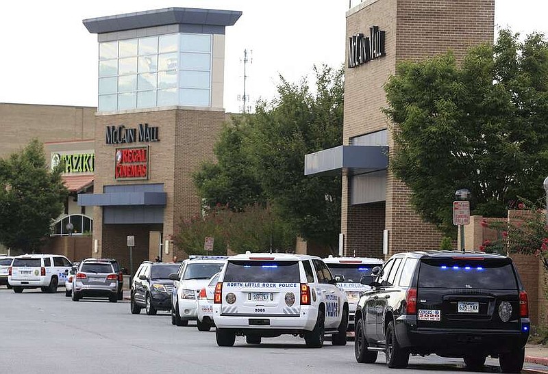 FILE - Police stand outside McCain Mall on Aug. 31, 2020 in North Little Rock after a shooting inside the mall. (Arkansas Democrat-Gazette/Staton Breidenthal)