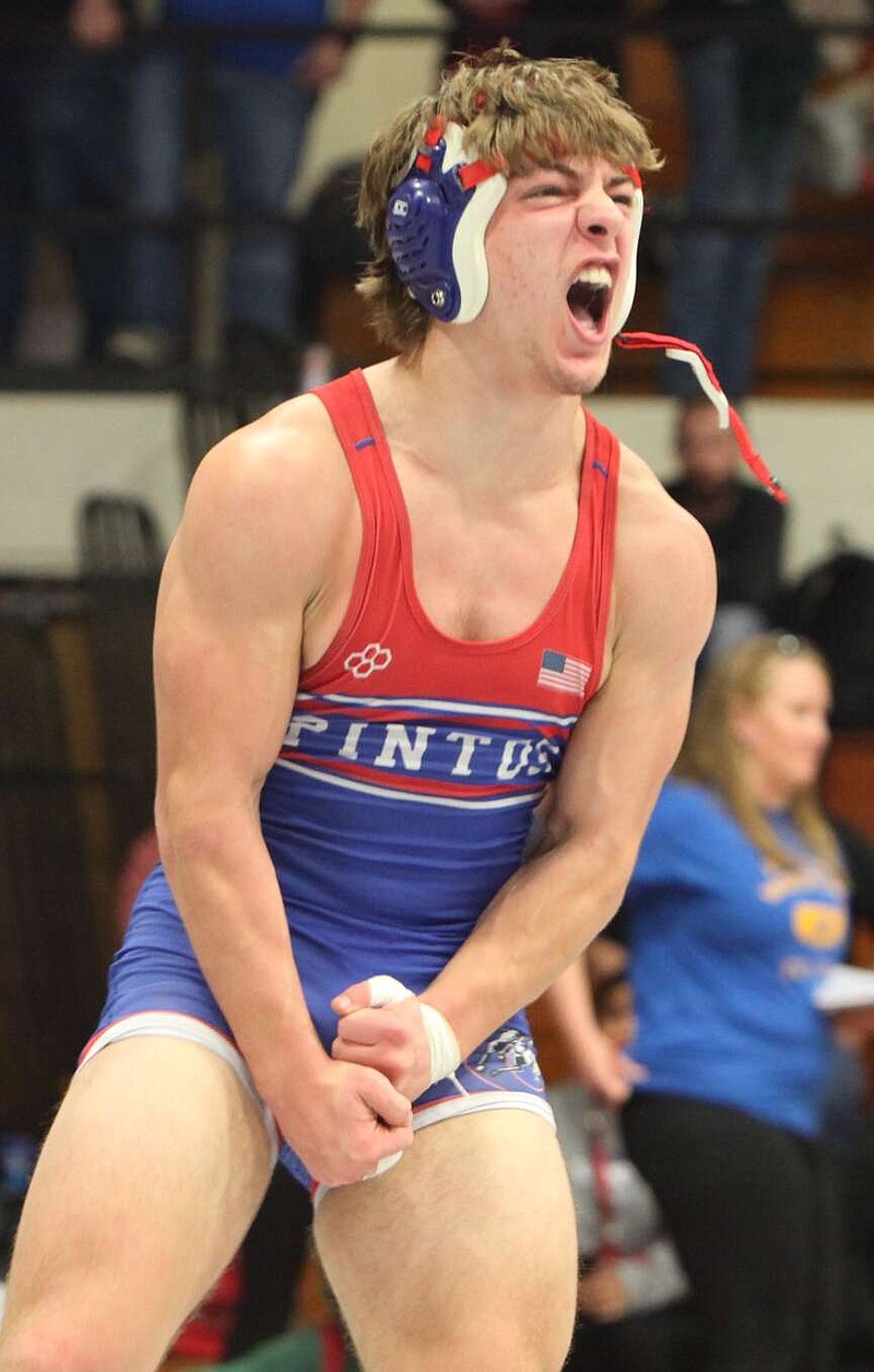 (Democrat photo/Evan Holmes)
Kwynnon Duvall celebrates winning the first district title in the history of California wrestling at the Class 1 District 2 Tournament at Butler on Saturday.