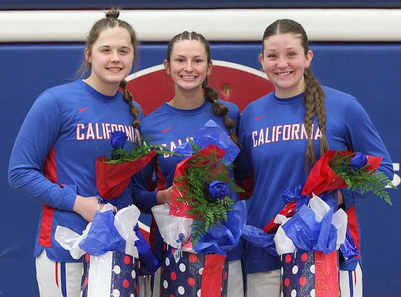 (Democrat photo/Evan Holmes)
California Lady Pintos basketball seniors from left to right: Isabelle Rohrbach, Penelope Cotten and Ella Bailey.