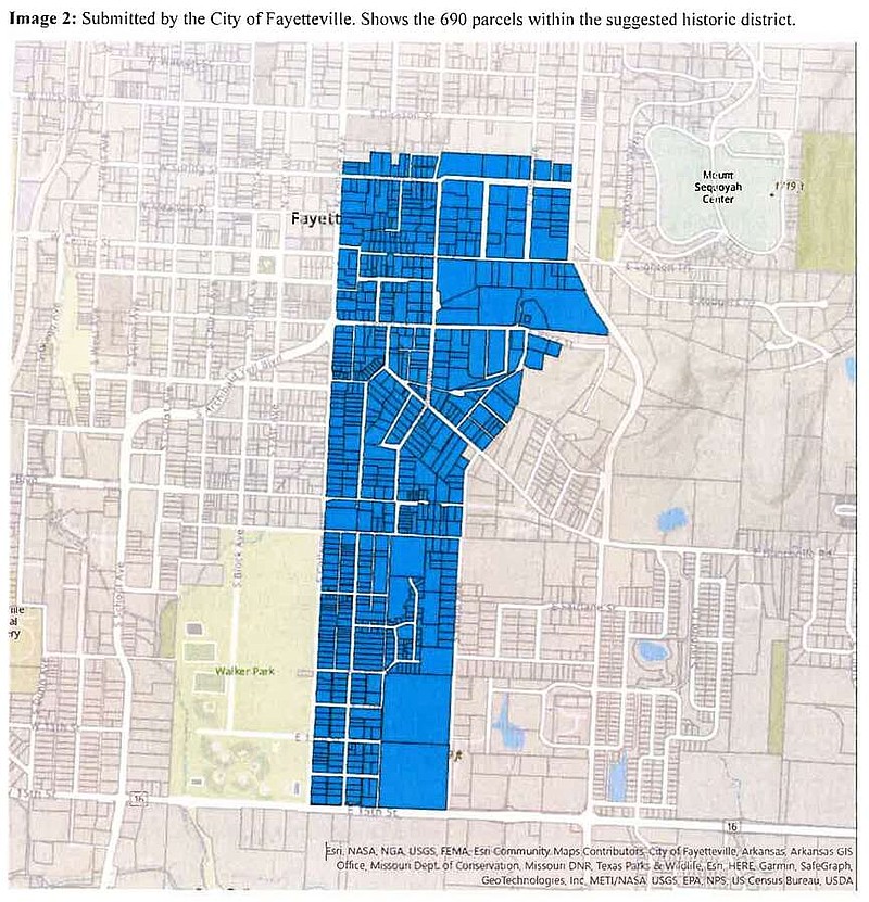 A map shows the proposed boundary for Spout Spring historic district in Fayetteville. (Courtesy/Fayetteville)