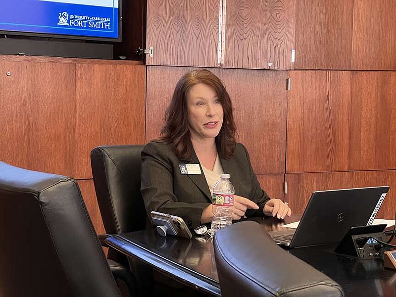 Terisa Riley, chancellor of the University of Arkansas at Fort Smith, speaks Wednesday about the university's 2023-28 strategic plan during the UAFS Board of Visitors meeting.
(River Valley Democrat-Gazette/Thomas Saccente)