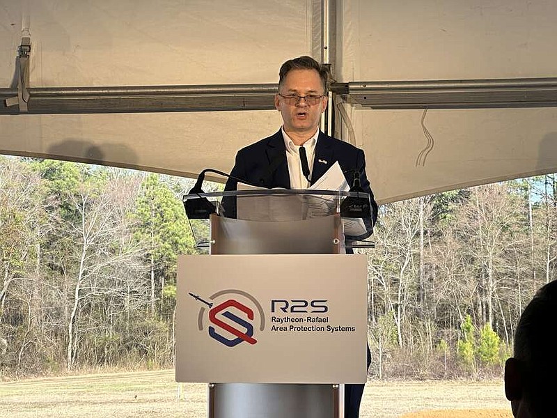 R2S CEO Kevin Perry addresses the crowd gathered Wednesday, Feb. 21, 2024, at the East Camden site for a new factory to build rockets for Israel's Iron Dome and the U.S. SkyHunter defense systems. (Arkansas Democrat-Gazette/Aaron Gettinger)