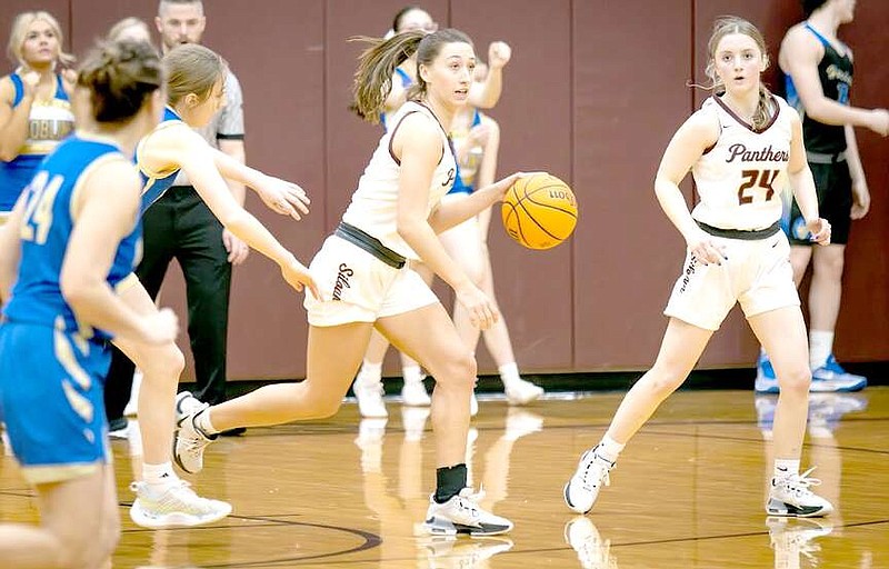 Photo courtesy of Krystal Elmore Senior Emily Keehn of Siloam Springs dribbles the ball up the court as Senior Addison Pilcher (right) looks on in a game against Harrison on Feb. 23.