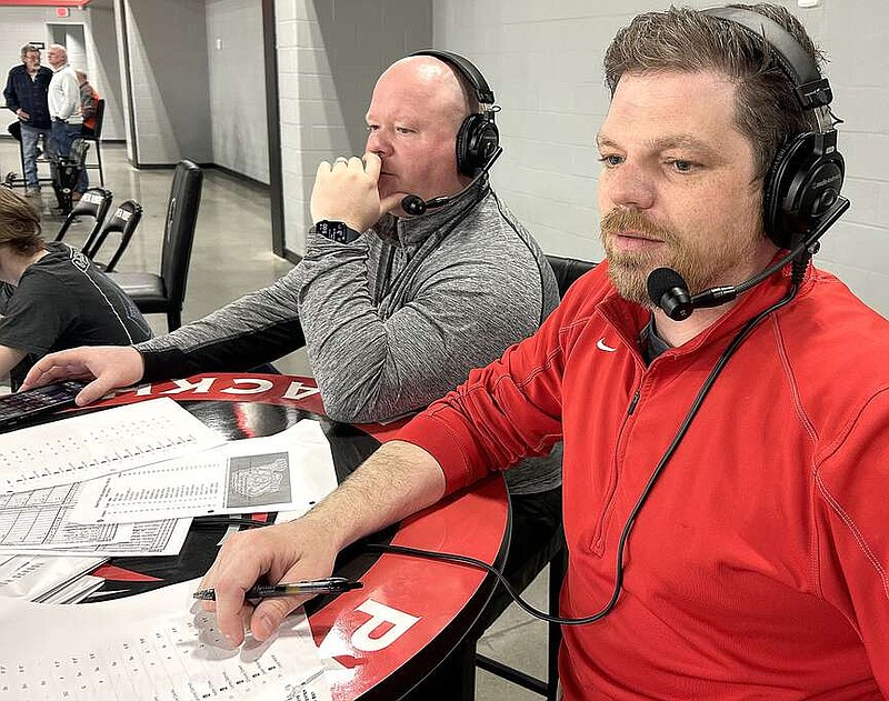 Annette Beard/Pea Ridge TIMES
Lady Blackhawk basketball coaches Heath Neal and Bryan Rooney narrated a play-by-play for the video of the tournament games as Pea Ridge hosted the 4A North Regional basketball tournament Wednesday, Feb. 21, through Saturday, Feb. 24, 2024, in the Blackhawk Arena.