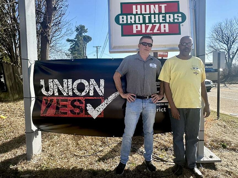 United Steelworkers District 13 International Staff Representative Paul Raney and Local 607L Vice President Donald Mallory, who works at Amfuel, in Magnolia, Feb. 21 (Arkansas Democrat-Gazette/Aaron Gettinger)