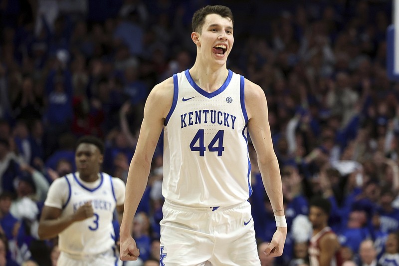 Kentucky's Zvonimir Ivisic (44) celebrates after his 3-point basket during the second half of an NCAA college basketball game against Alabama, Saturday, Feb. 24, 2024, in Lexington, Ky. (AP Photo/James Crisp)