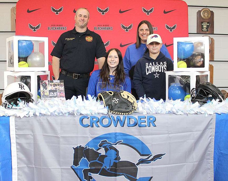 Annette Beard/Pea Ridge TIMES
Joining Callie Cooper to celebrate her signing with Crowder College were her parents Justing and Sabrina Cooper and brother. Lady Blackhawk catcher Callie Cooper signed a letter of intent to play ball for Crowder College after graduation from Pea Ridge High School Monday, Feb. 26, 2024. For more photographs, go to the PRT gallery at https://tnebc.nwaonline.com/photos/.