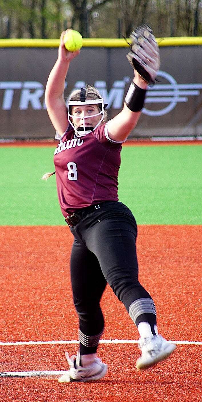 Randy Moll/Siloam Springs Herald-Leader
Siloam Springs' Lola Kirby throws a pitch during Friday's home game against Providence Academy. She struck out 10,  walked five and allowed four hits and two runs during her six innings in the circle. The Lady Panthers won the game 12-2.