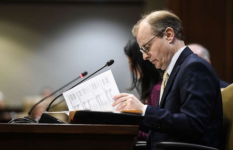 FILE - Paul Gehring, Assistant Commissioner of the Arkansas Department of Finance and Administration, reviews his notes during a meeting of the Arkansas Legislative Council on Oct. 20, 2023.
(Arkansas Democrat-Gazette/Stephen Swofford)