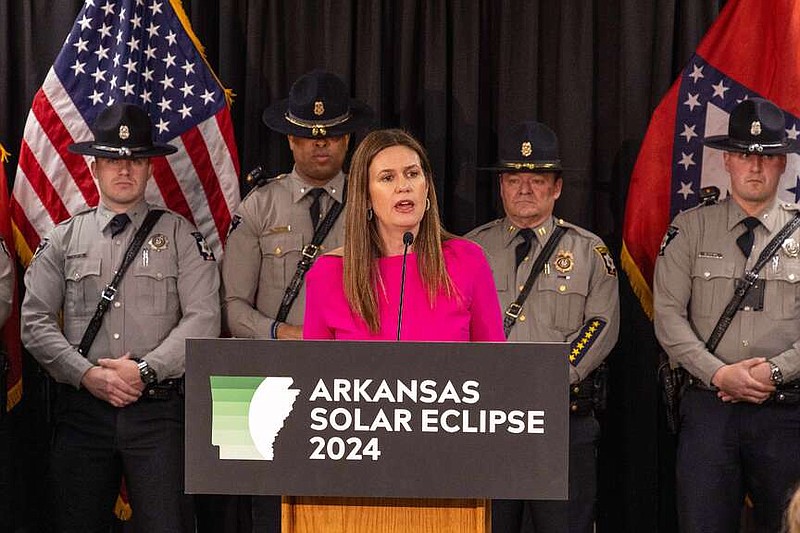 Arkansas Gov. Sarah Huckabee Sanders speaks during a news conference Monday, March 4, 2024, in Little Rock. Sanders and other Arkansas officials provided details on how the state is preparing for the April 8 total solar eclipse, which could bring between 300,000 and 1 million visitors to the state. (Photo courtesy of Arkansas State Police)