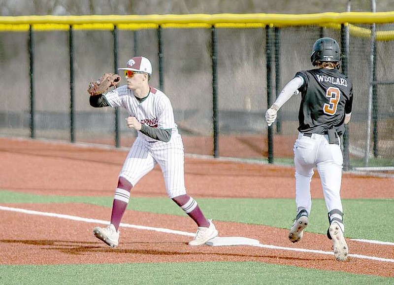 Photo courtesy of Krystal Elmore Jacob Davis of Siloam Springs makes a play at first base against Gravette on March 15.