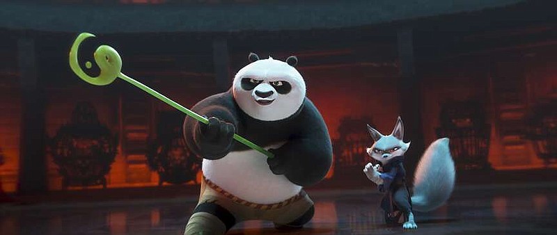 This image released by Universal Pictures shows characters Po, voiced by Jack Black, left, and  Zhen, voiced by Awkwafina, in a scene from DreamWorks Animation's "Kung Fu Panda 4." (DreamWorks Animation/Universal Pictures via AP)