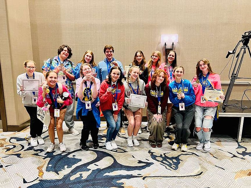 Community School of the Arts in Fort Smith recently saw students honored at the Arkansas State Thespian Festival. Pictured are Ellie Grinnell (back row, from left), Drake Norris, Emmy Justice, Aiden Hammonds, Hannah Minor, Betsy Barr, Elizabeth Marine; and front row, Brooke Frost, Maddy Cole, Mylea Holmes, Maylie Martin, Jaycee McBride, Psalm Yandell and Sarah Goodman.

(Courtesy Photo)