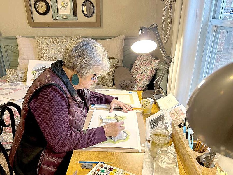 Lynn Kutter/Enterprise-Leader
Joyce Hultgren's art studio is in one of the bedrooms in her house in Farmington with a window that faces into the yard. She presently is working on a commissioned project for the city of Farmington.