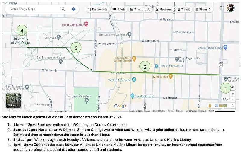 A map shows the planned route for a march planned down Dickson Street in Fayetteville on Saturday. (Courtesy/Fayetteville)