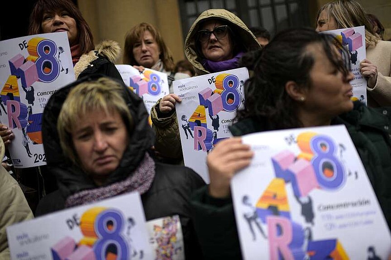 Members of Spanish unions gather during an International Women's Day protest in Pamplona, northern Spain on Friday, March 8, 2024. (AP Photo/Alvaro Barrientos)