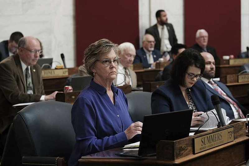 West Virginia Delegate Amy Summers, R-Taylor, left, and Heather Tulley, R-Nicholas, right, listen during a legislative session in the House Chambers at the Capitol in Charleston, W.Va., on Wednesday, Jan. 25, 2024. West Virginia has the least amount of female state legislators.(AP Photo/Chris Jackson)
