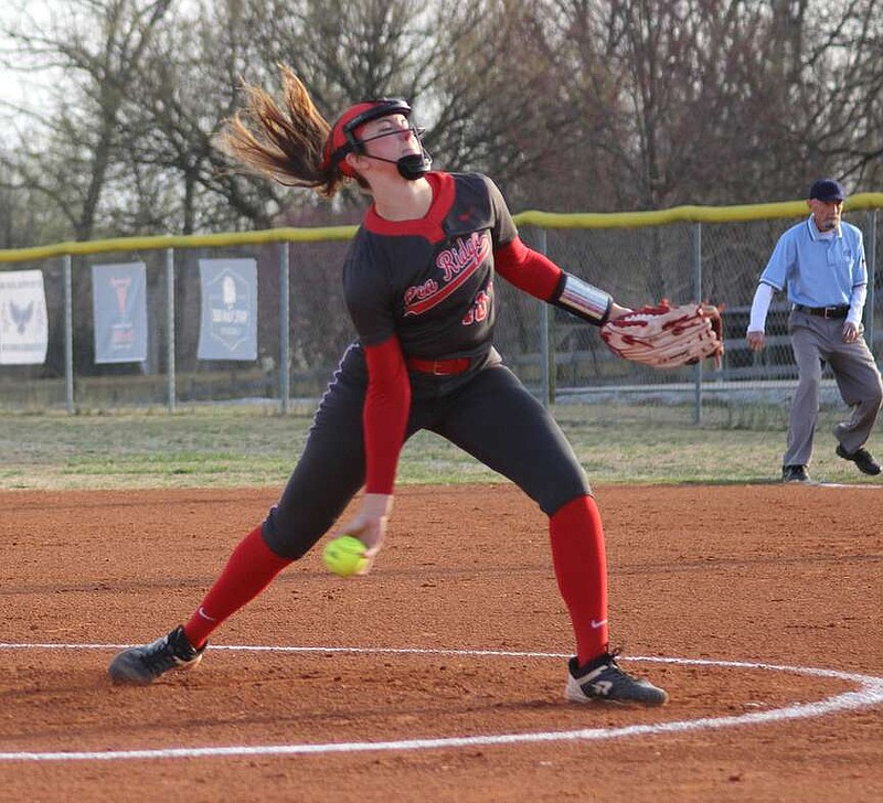 Annette Beard/Pea Ridge TIMES
Junior Lady Blackhawk Emory Bowlin, No. 16, pitched a perfect game allowing 0 walks, 0 runs, striking out 14 Wednesday, March 7, as the Lady Blackhawks defeated the Lady Panthers at home. For more photographs, go to the PRT gallery at https://tnebc.nwaonline.com/photos/.